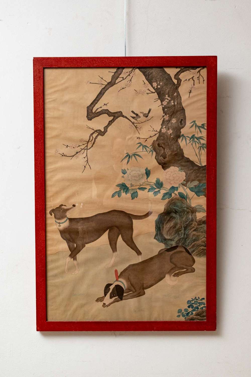 Large Italian 40's printed painted of dogs, Japanese style