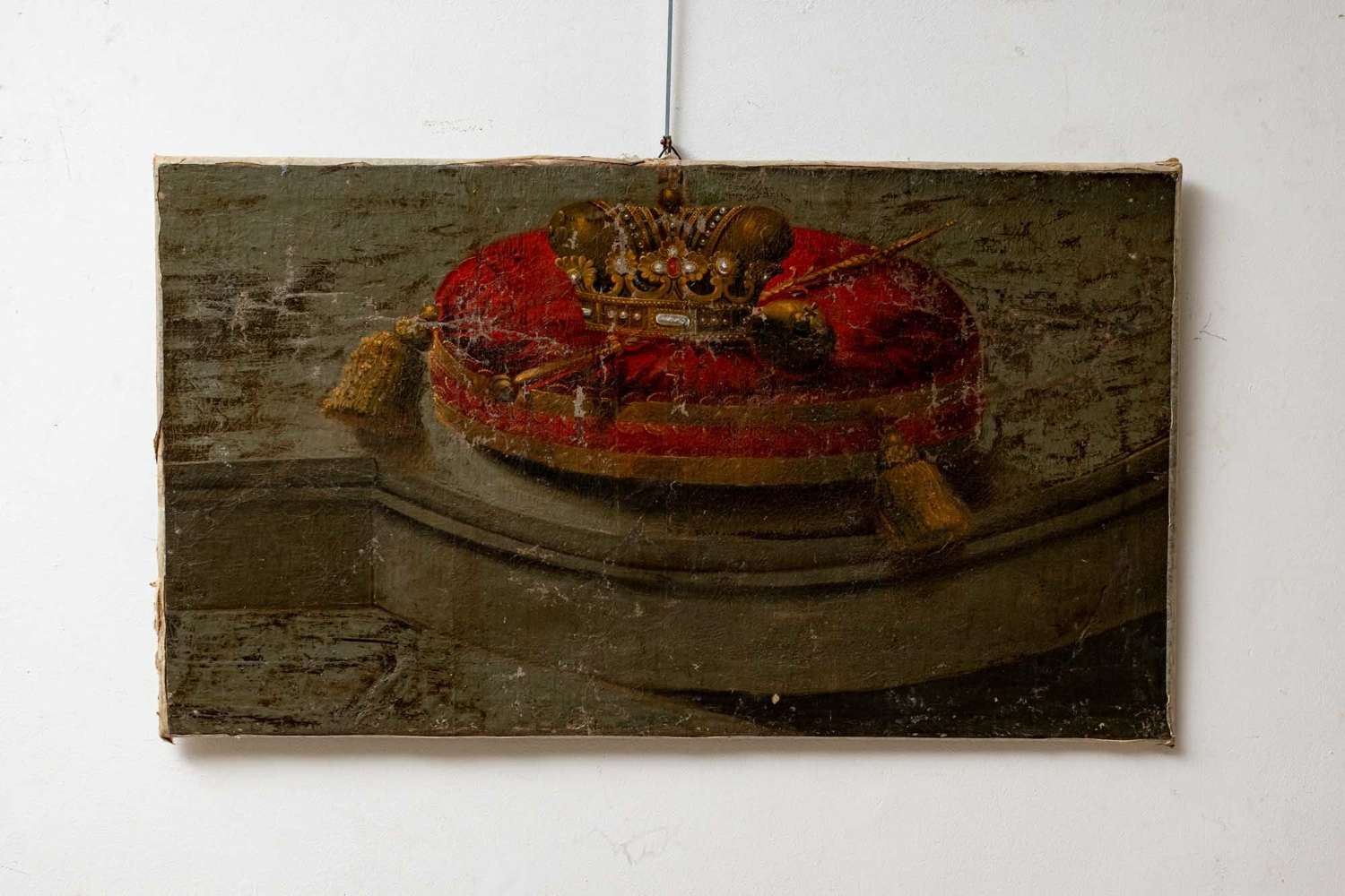 Painted 1920's retangular shaped oil, of Crown placed tassel cushion