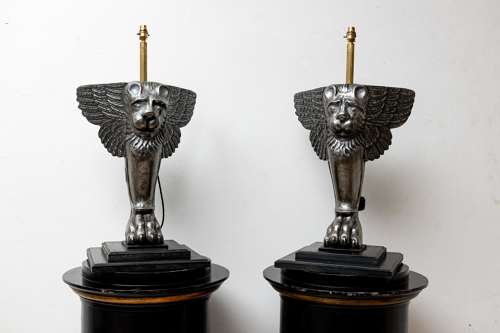 Pair of C19th cast iron winged lion lamps