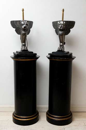 Pair of C19th cast iron winged lion lamps