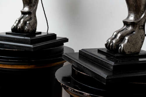 Pair of C19th cast iron winged lion lamps