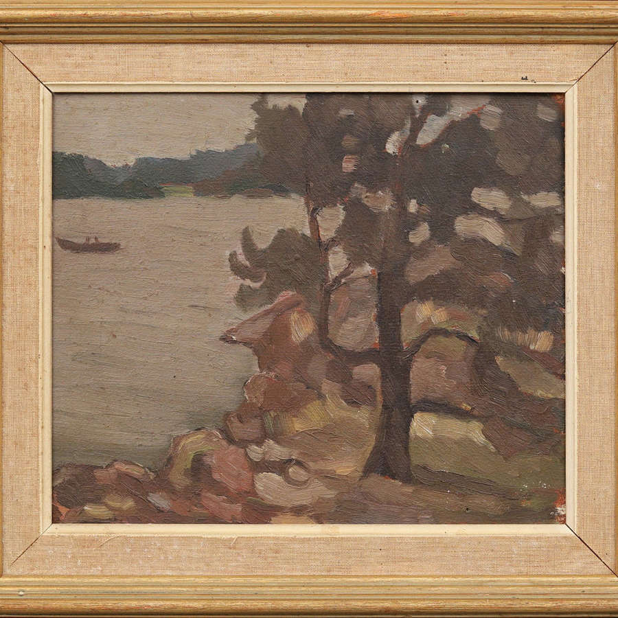 Circa 1950s Swedish landscape  oil on panel of boat on lake