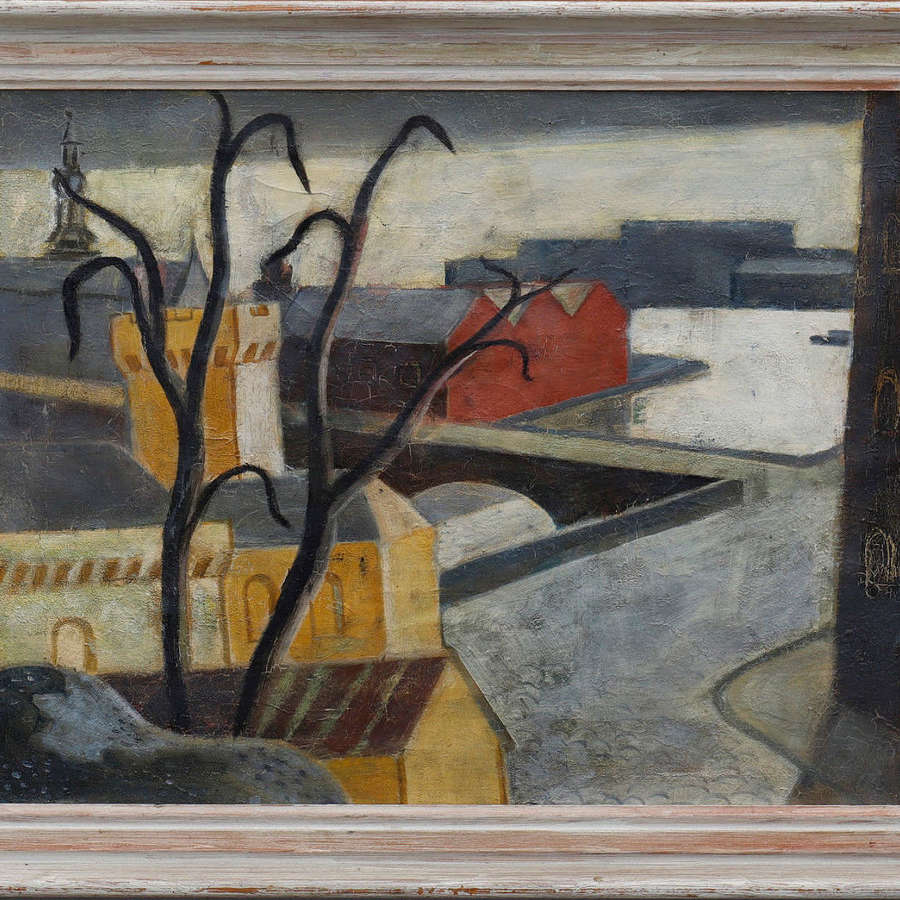 Mid C20th Swedish oil painting on canvas of city and river view