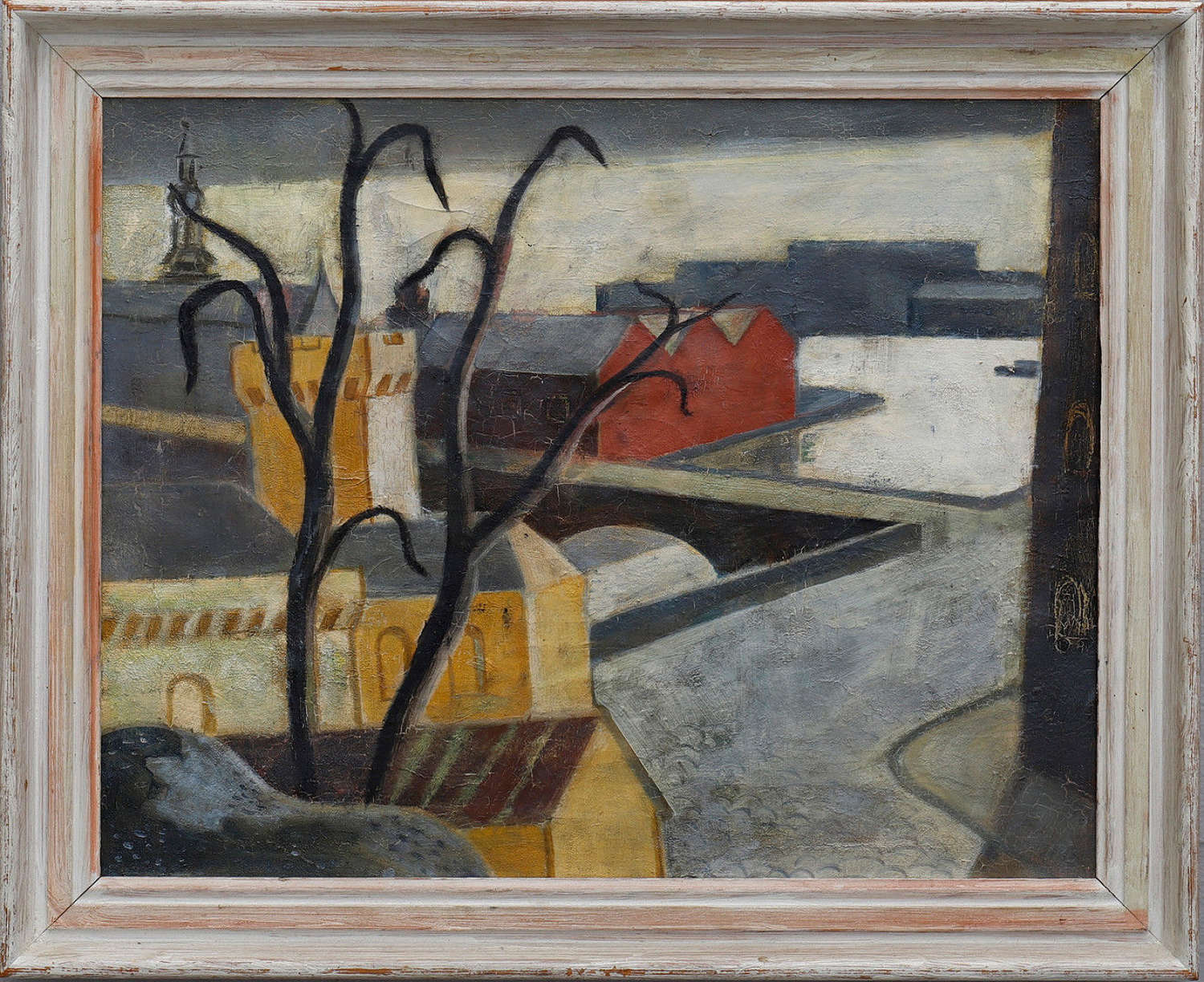 Mid C20th Swedish oil painting on canvas of city and river view