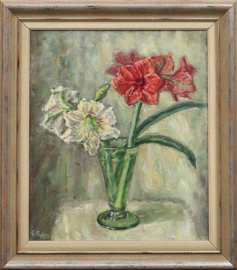 Mid C20th Swedish oil painting of red and white amaryllis in vase