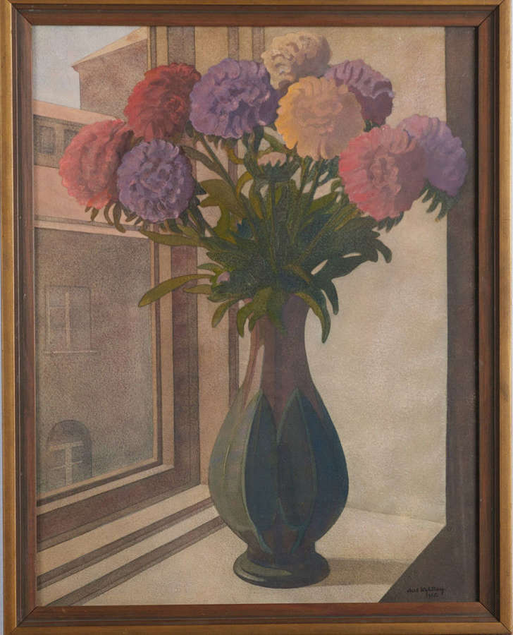 1935 Swedish watercolour of flowers in vase on window sill