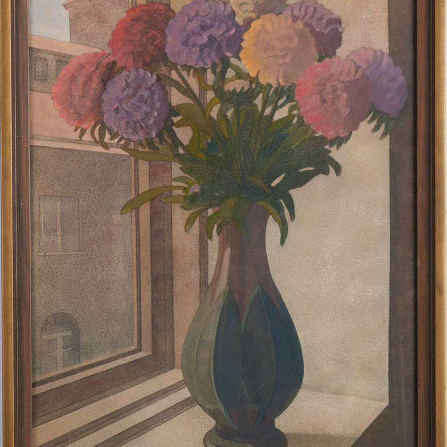 1935 Swedish watercolour of flowers in vase on window sill