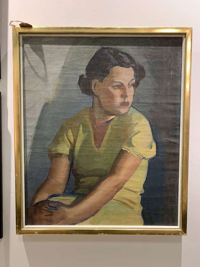 1930s framed Finnish oil on canvas of young woman in a yellow dress
