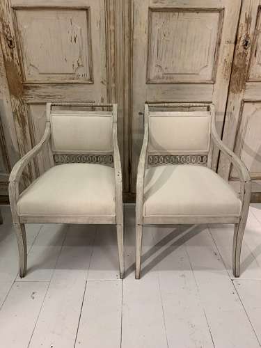 C19th painted Swedish open armchairs with fretwork detail