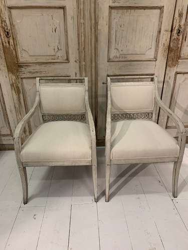 C19th painted Swedish open armchairs with fretwork detail