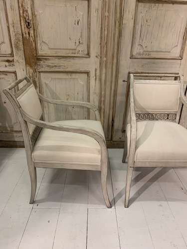 C19th painted Swedish open armchairs with fretwork detail