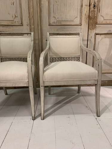 C19th painted Swedish open armchairs with fretwork detail