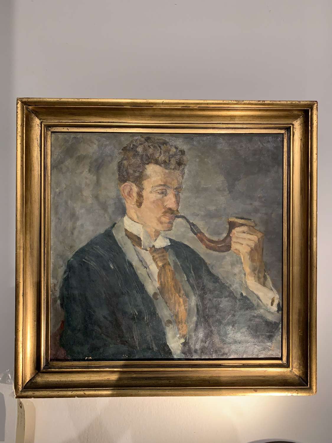 Early 20th century Swedish oil painting on canvas of a man with a pipe