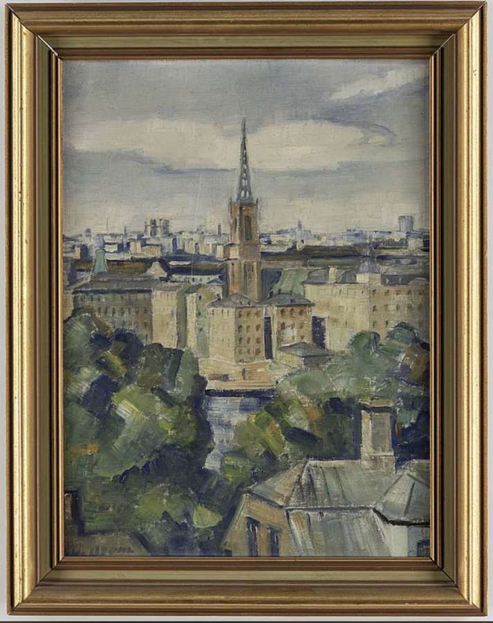 1940s Cityscape oil painting of old town Stockholm area