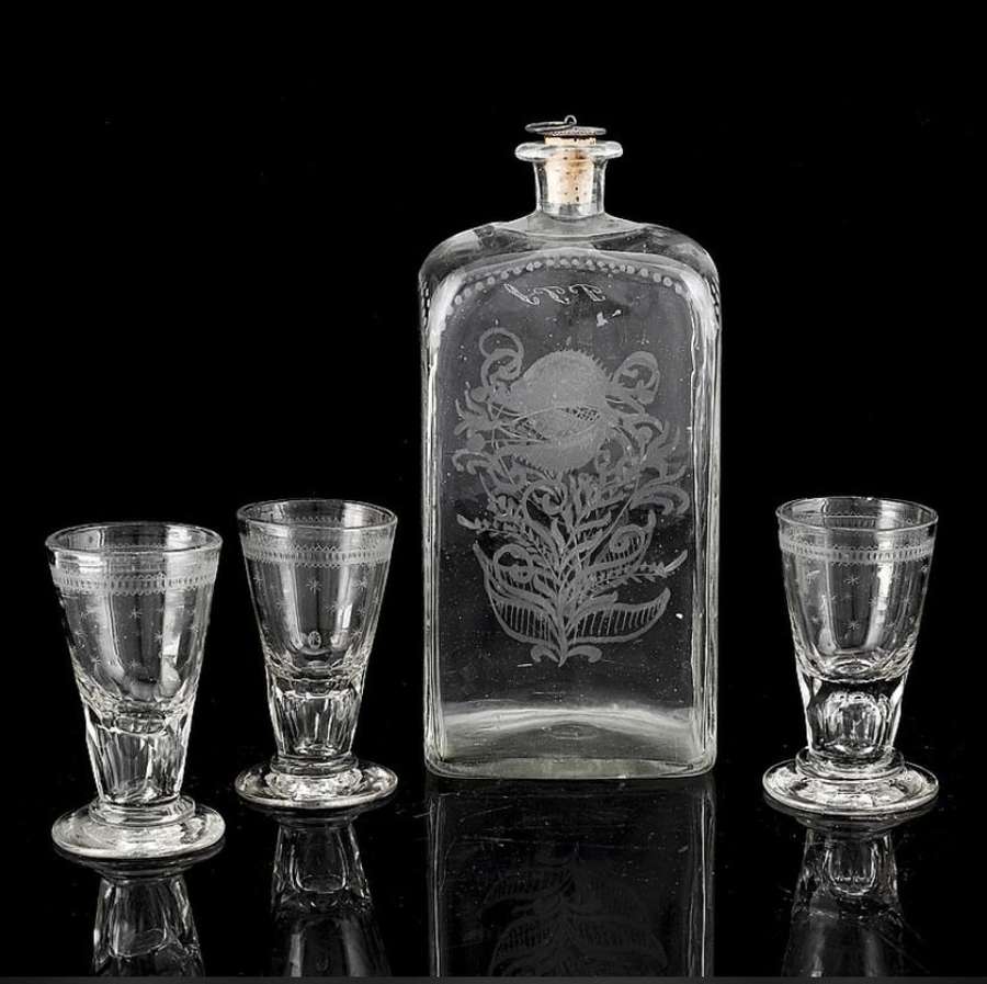 19th century Swedish decanter & 3 shot glasses