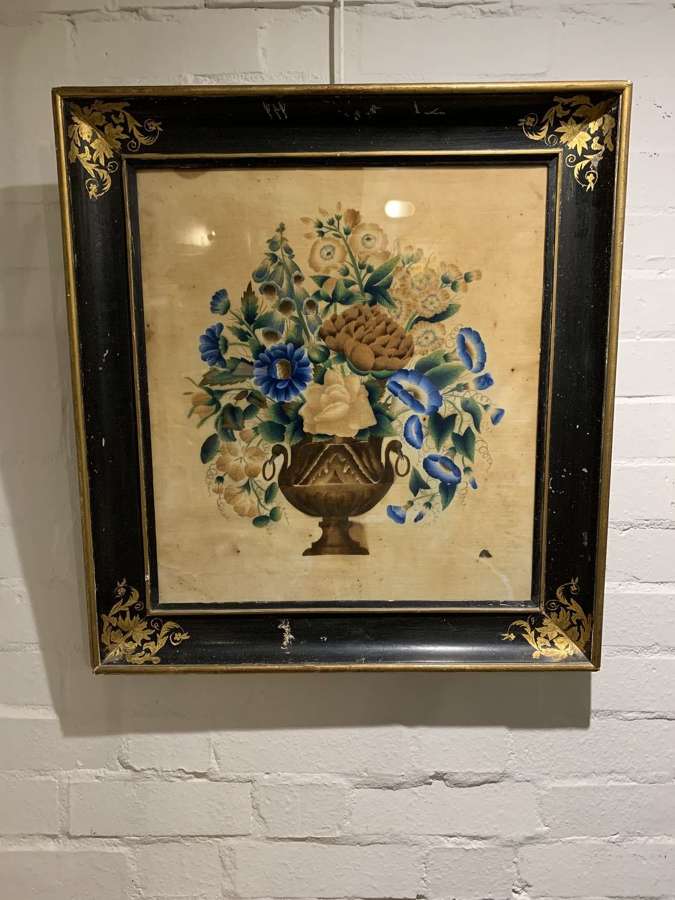 C19th painting of flower filled urn painted on velvet