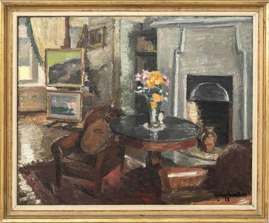 1930s framed Swedish oil on canvas of an interior