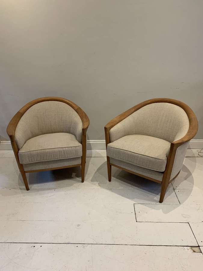 1960’s pair of Oak Swedish chairs upholstered in linen