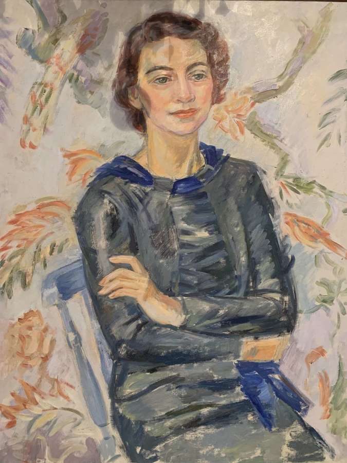 1938 Swedish oil painting of a lady with leafy background