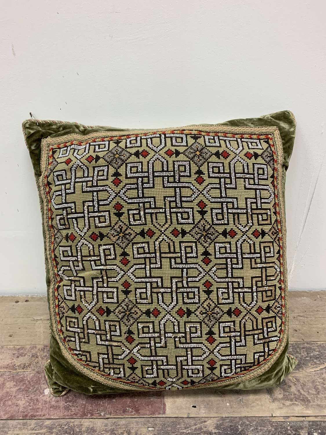 Late C19th century Green cushion with applied needle work & bead work