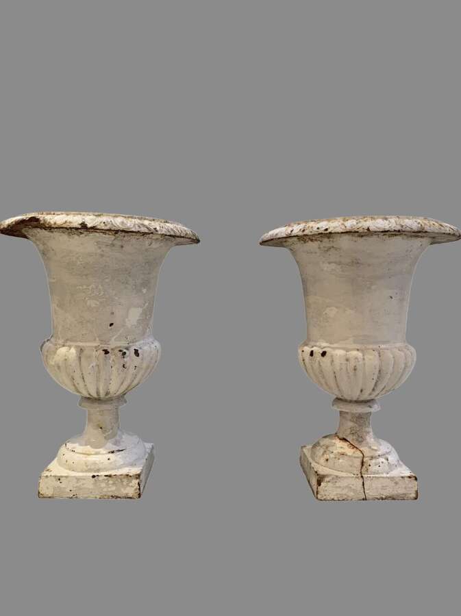 C1920s pair of painted cast iron french urns