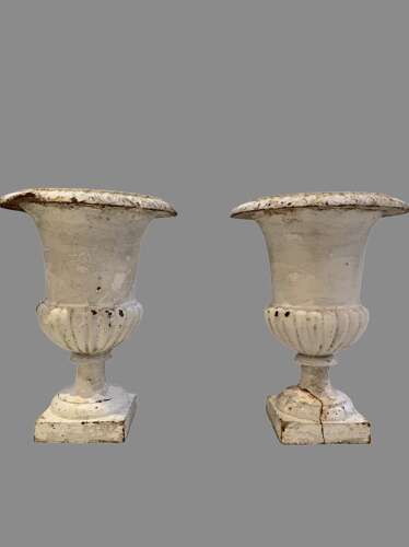 C1920s pair of painted cast iron french urns