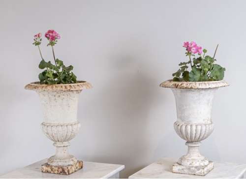 C1920s pair of painted cast iron french urns
