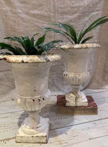 C1920s pair of painted cast iron french urns