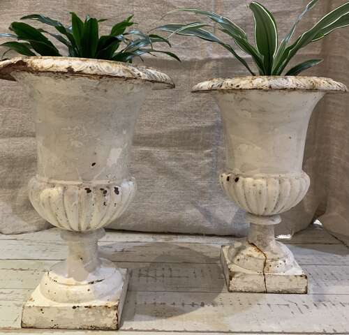 C1920s pair of painted cast iron french urns