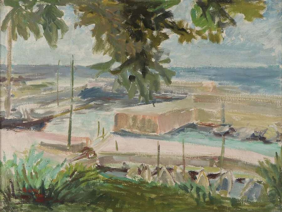 1930s Oil painting of a French Marina