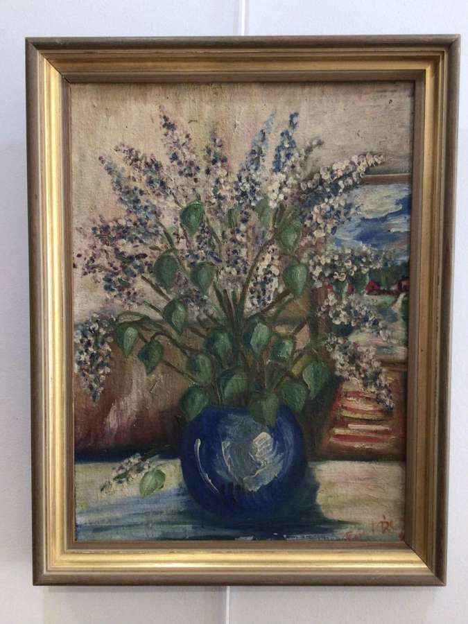 1940s Swedish oil painting on panel of flowers in a vase