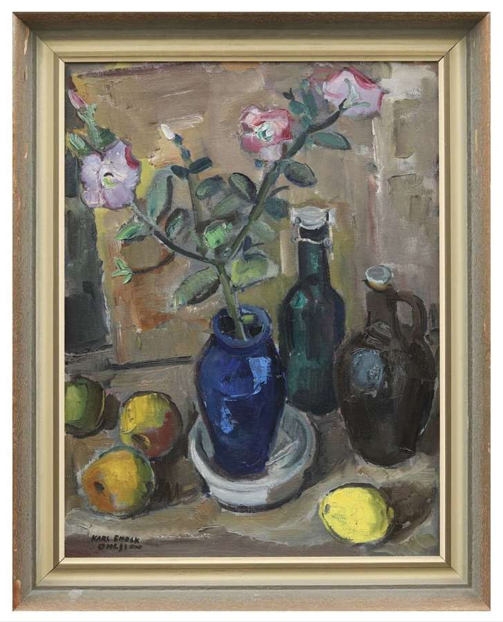C20th century Swedish oil on canvas of vase with camellias