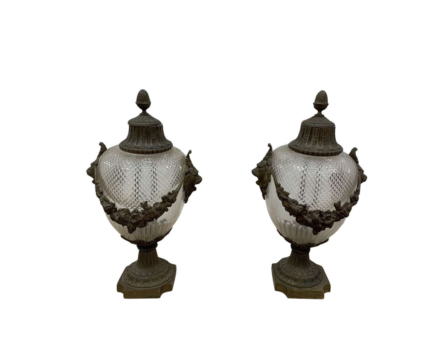 C19th style cut glass bases with decorative metal swags