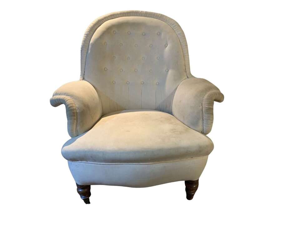 C19th Large English armchair with buttoned back scrolling arms