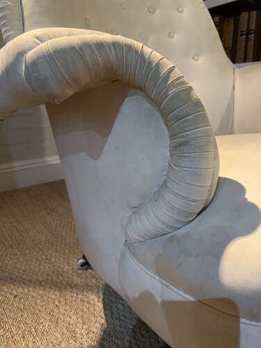 C19th Large English armchair with buttoned back scrolling arms