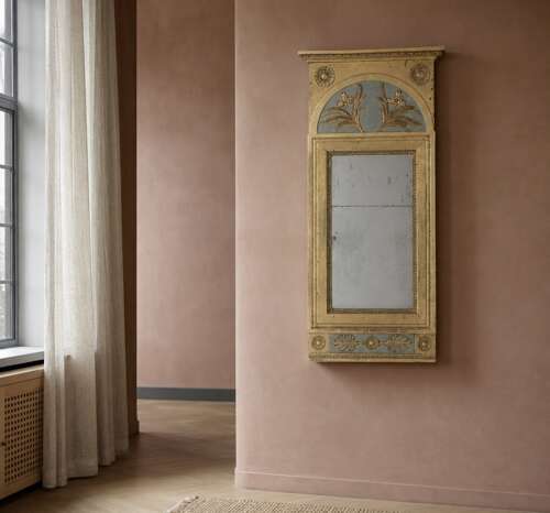 Circa 1800 Swedish Gustavian gilt mirror with blue detail