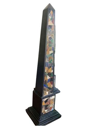 C19th pair of large obelisks in Ashford marble with pietra dura inlay
