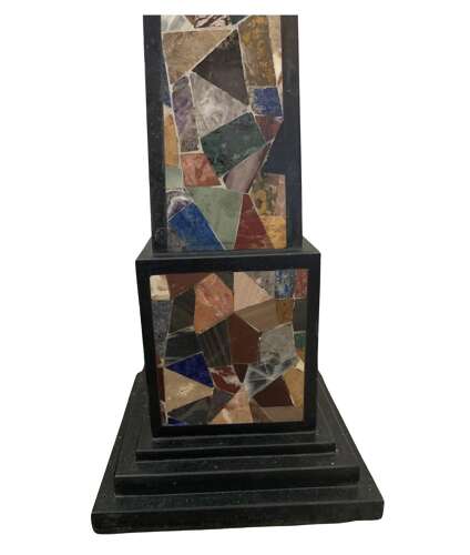 C19th pair of large obelisks in Ashford marble with pietra dura inlay