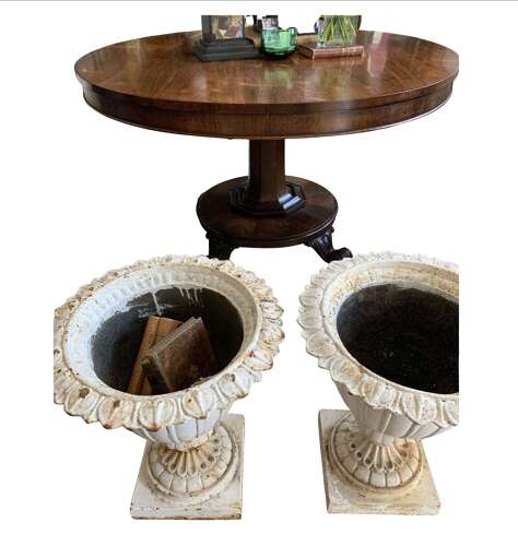 C1890 English pair of cast iron urns