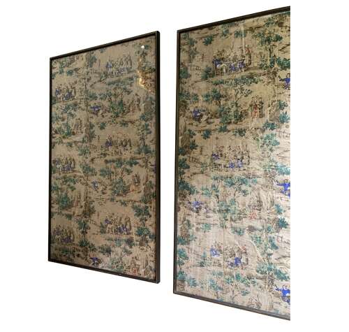 Pair of C19th framed wallpaper panels with Dutch festive folk scenes
