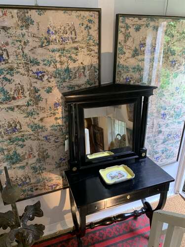 Pair of C19th framed wallpaper panels with Dutch festive folk scenes