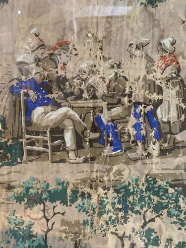 Pair of C19th framed wallpaper panels with Dutch festive folk scenes