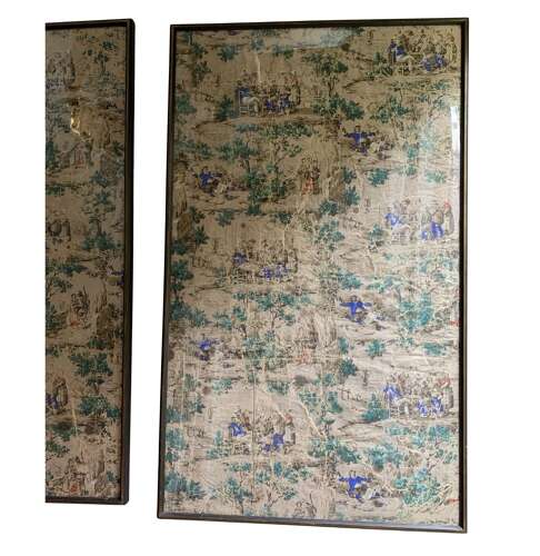 Pair of C19th framed wallpaper panels with Dutch festive folk scenes