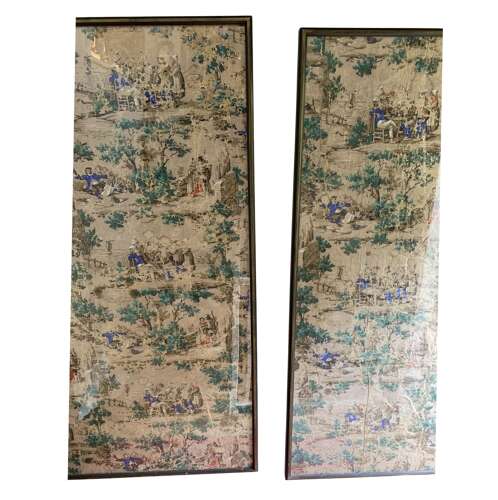 Pair of C19th framed wallpaper panels with Dutch festive folk scenes