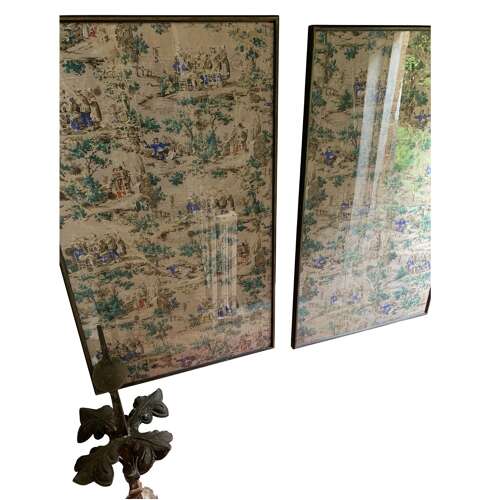 Pair of C19th framed wallpaper panels with Dutch festive folk scenes