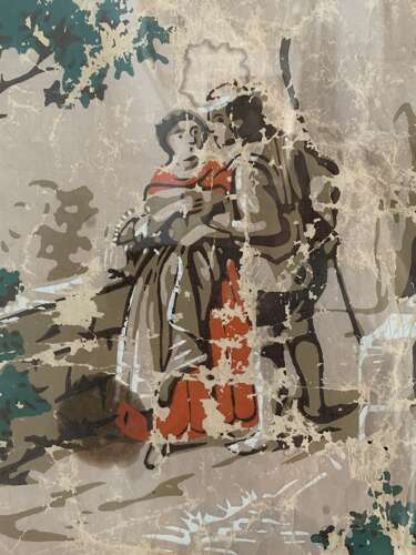 Pair of C19th framed wallpaper panels with Dutch festive folk scenes
