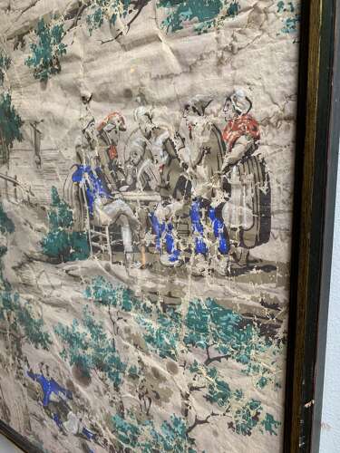 Pair of C19th framed wallpaper panels with Dutch festive folk scenes